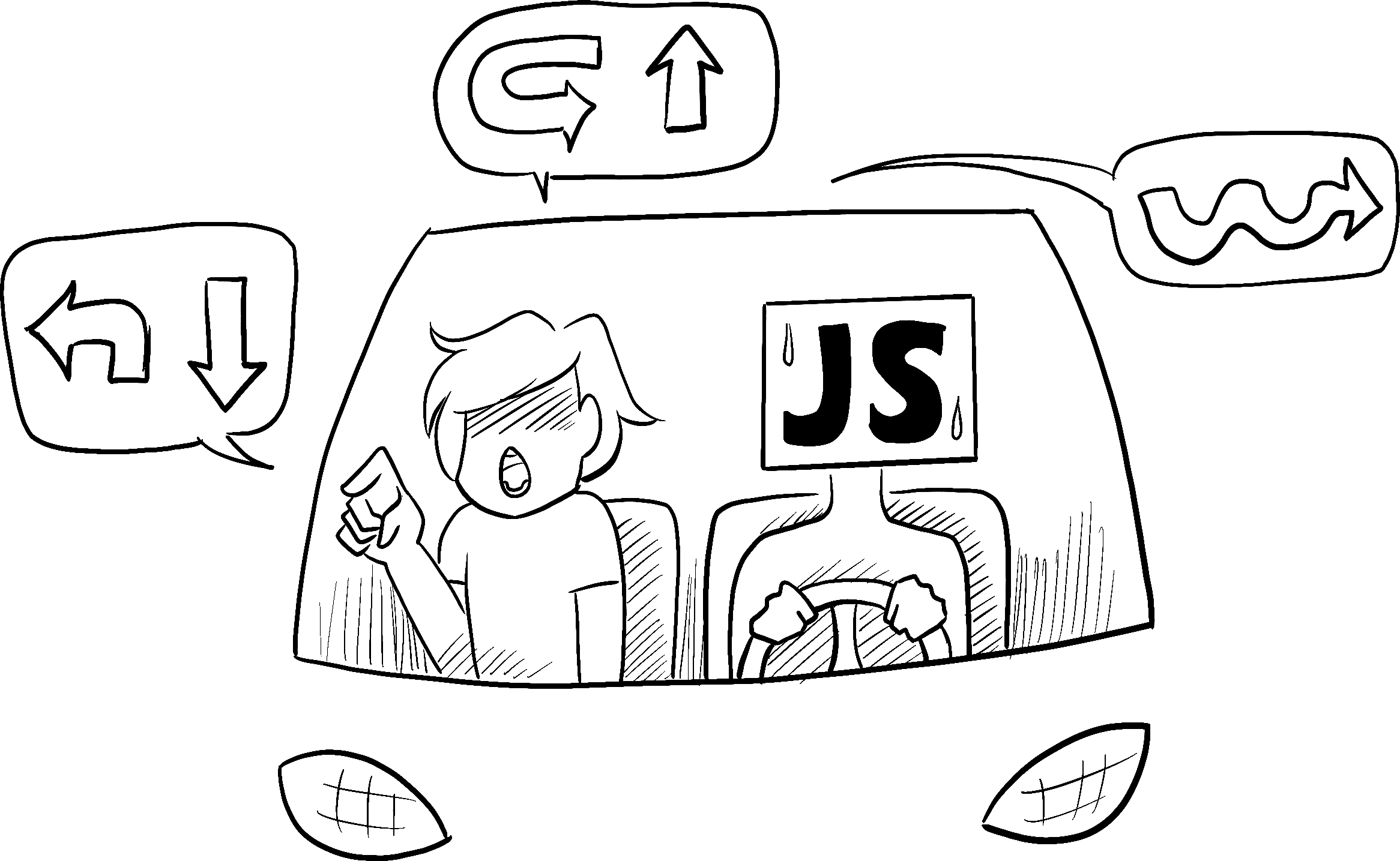 Em um carro dirigido por uma pessoa de aparência ansiosa que representa o JavaScript, um passageiro ordena que o motorista execute uma sequência de complicadas navegações curva a curva.